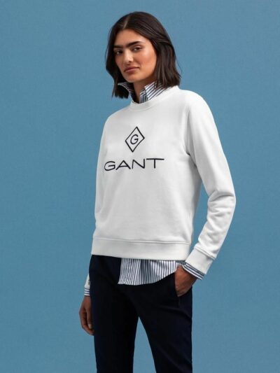 GANT – סוויטשרט בצבע לבן דגם LOCK UP C-NECK SWEAT