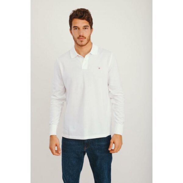 GANT - חולצת פולו ארוך בצבע לבן דגם ORIGINAL PUQUE LS